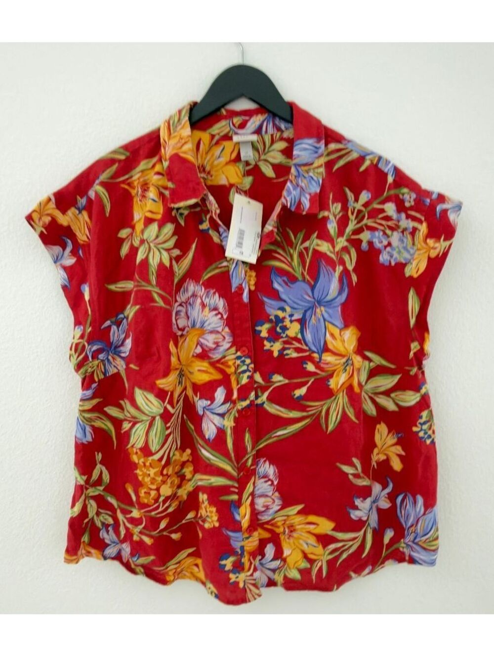 A New Day Red Floral Button-Up Linen Shirt Women Size 1X